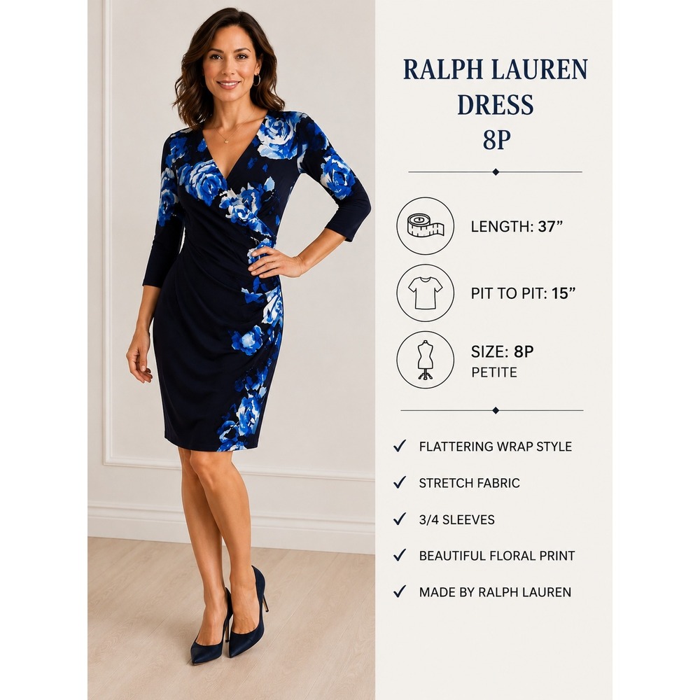 Lauren Ralph Lauren Blue Floral Faux Wrap Dress –‎ Size 8P Petite